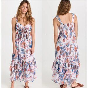 Banjanan White Cotton Sagitta Multicolor Floral Front Tie Knot Midi Dress